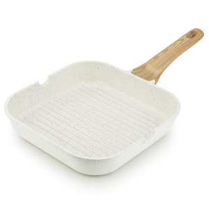 9.5 in. Nonstick Ceramic Square Grill Pan with Pour Spouts and Bakelite Handle, White