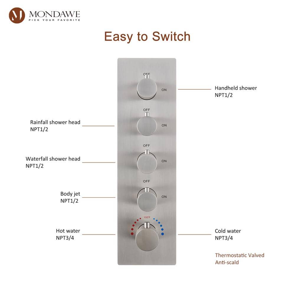 Luxury Brushed Nickel LED Multi-Head Shower System with Bluetooth