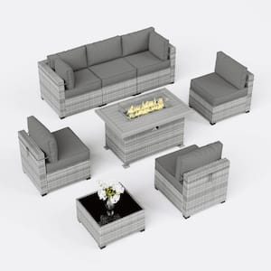 8-Piece Wicker Outdoor Patio Sectional Conversation Set with Cushions and Fire Pit Table Grey