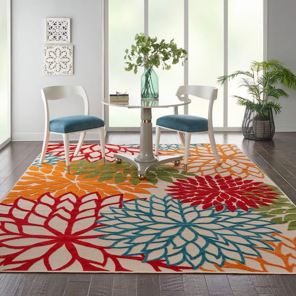 Aloha Green 10 ft. x 13 ft. Floral Modern Indoor/Outdoor Patio Area Rug