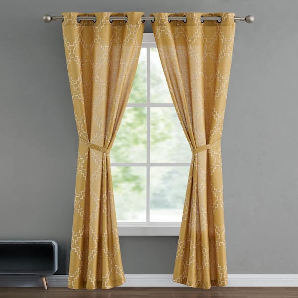French Connection Somerset 38 in. W x 96 in. L Gold Faux Linen Light Filtering Grommet Tiebacks Curtain (2-Panels)