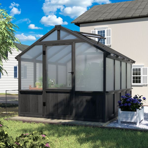 8 ft. x 8 ft. Cedar Wood Black Greenhouse Polycarbonate Greenhouse with Roof Vent, Greenhouse for Outside Garden