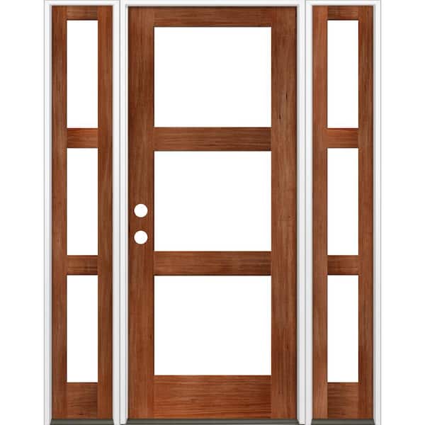 Krosswood Doors 64 in. x 96 in. Modern Hemlock Right-Hand/Inswing 3-Lite Clear Glass Red Chestnut Stain Wood Prehung Front Door with DSL