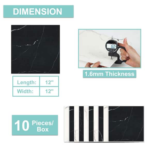 12 in. x 12 in. Vinyl Black and White Peel Stick Backsplash Tile for Kitchen and Bathroom, 10-Pack (Covers 10 sq. ft.)