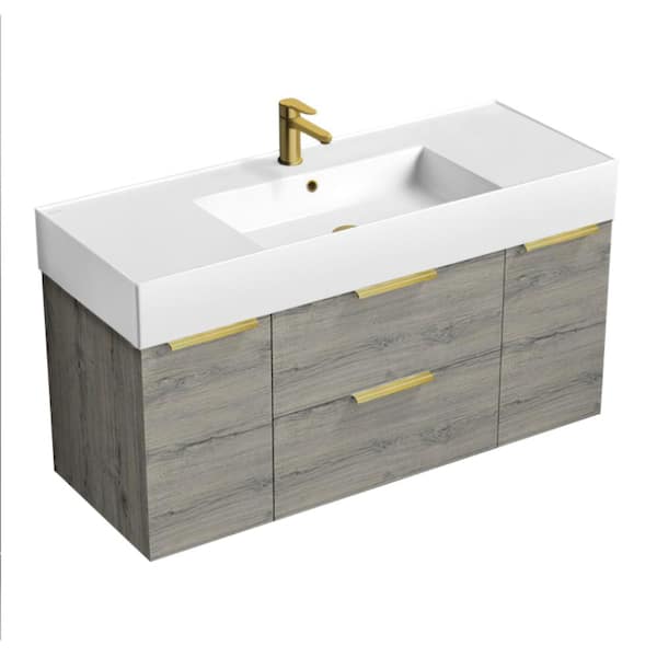 Nameeks Derin 47.6 in. W x 18.1 in. D x 25.2 in. H Modern Bathroom Vanity in Grey Oak With White Ceramic Top