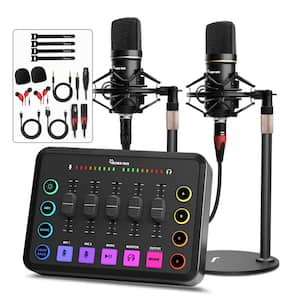 Strong Compatibility Bluetooth Podcast Audio Interface Mixer in Black with 2 XLR Condenser Mic