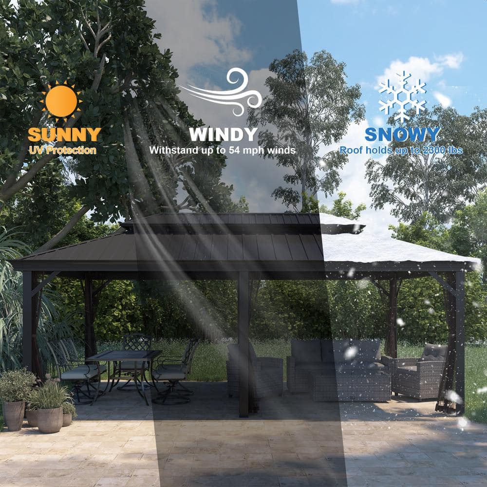 12'x20' Black Aluminum Frame Hardtop Gazebo with Nettings