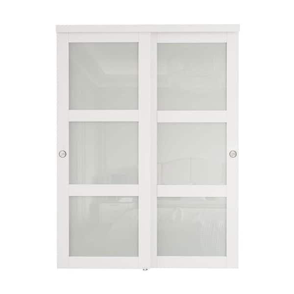 60 in. x 96 in. 3-Lites Frosted Glass Finished White MDF Closet Sliding Door with Hardware Kit