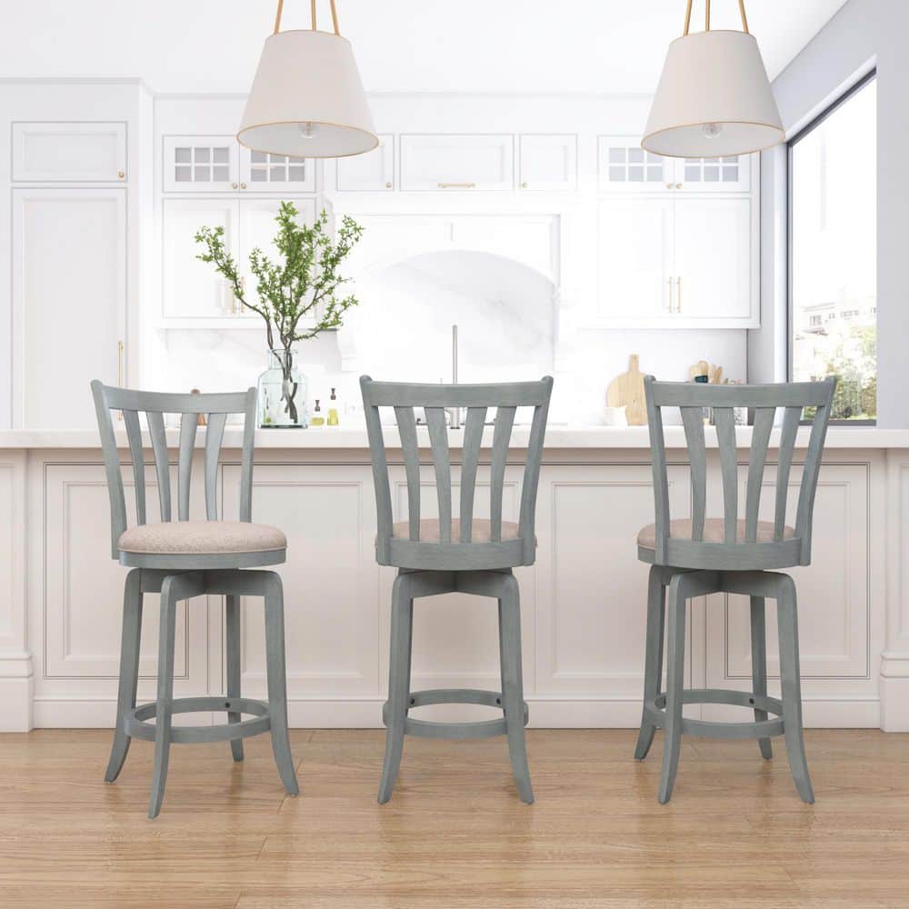 37" Blue Wire Brush Swivel Wood Counter Stool