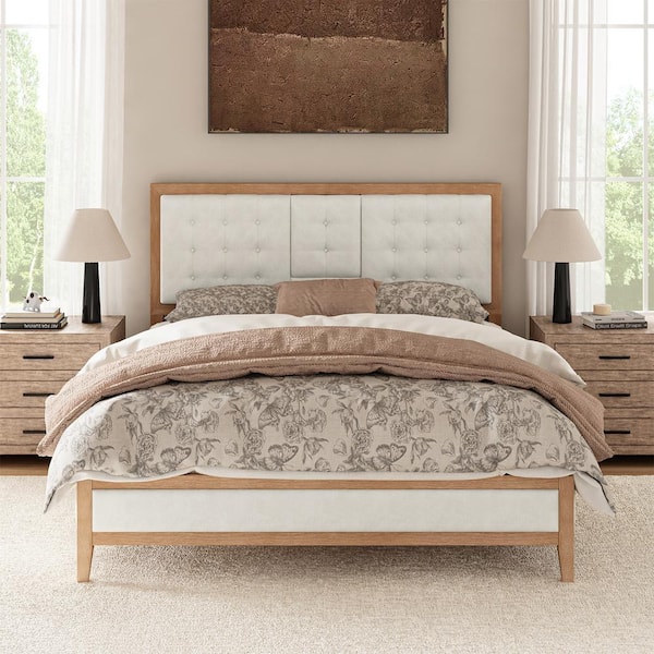 JAYDEN CREATION Romeo Beige Wood Frame Queen Platform Bed with Upholstered Headboard