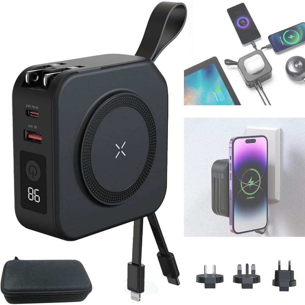 5-in-1 Universal Travel Power Bank with Built-in Cable in Black