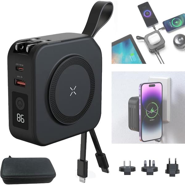 5-in-1 Universal Travel Power Bank with Built-in Cable in Black
