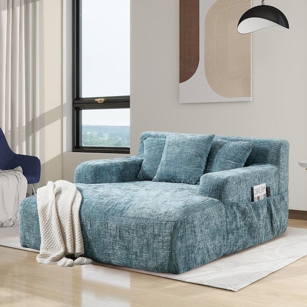 Modern Mint Blue Chenille Upholstery Oversized Chaise Lounge Chair Full Foam Comfy Lazy Sofa Couch with 3 Throw Pillows