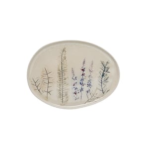 13.58 in. Tan Debossed Floral Stoneware Oval Platter Reactive Crackle Glaze Finish