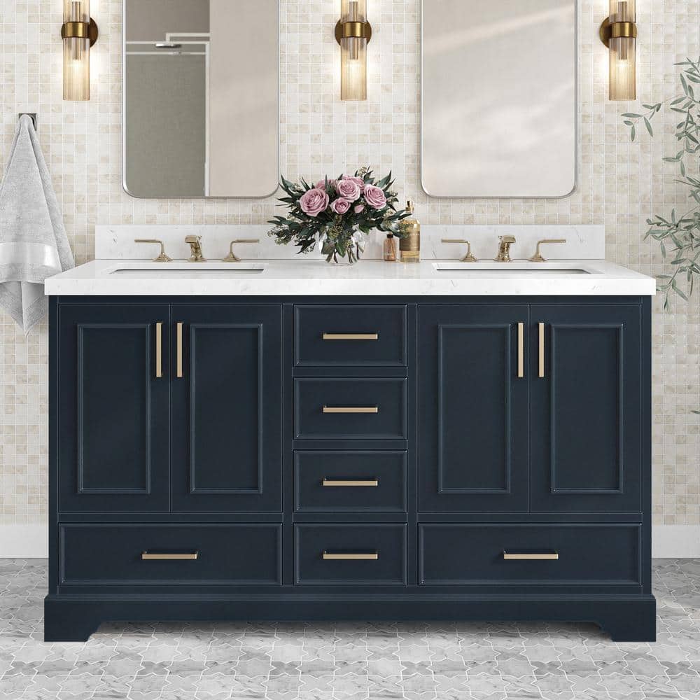Midnight Blue Double Freestanding Vanity with Satin Brass Hardware