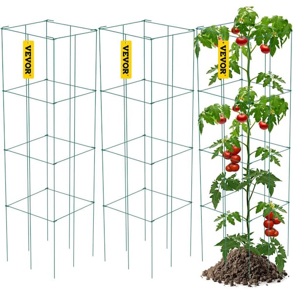 VEVOR 14.6 in. x 14.6 in. x 39.4 in. Tomato Cages for Garden Square Plant Support Cages Green Steel Tomato Towers (3-Pack)