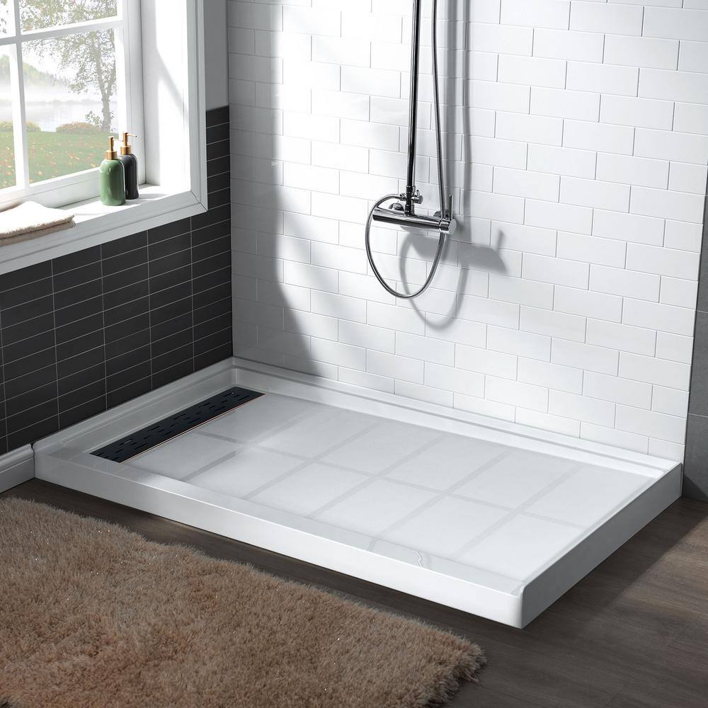 60" x 32" White Solid Surface Alcove Shower Pan Base with Left Drain