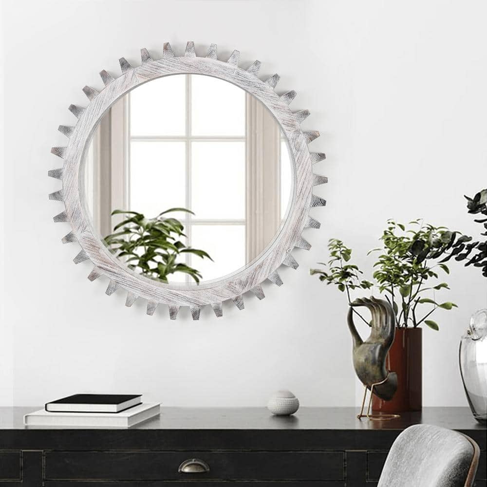 Vintage 17 in. W x 17 in. H Wood Round Wall Mirror Gear Shape Decorative Mi