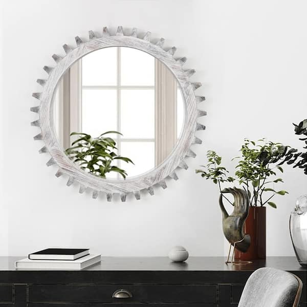 Unbranded Vintage 17 in. W x 17 in. H Wood Round Wall Mirror Gear Shape Decorative Mirror Home Wall Decor, Antique Whitewashed