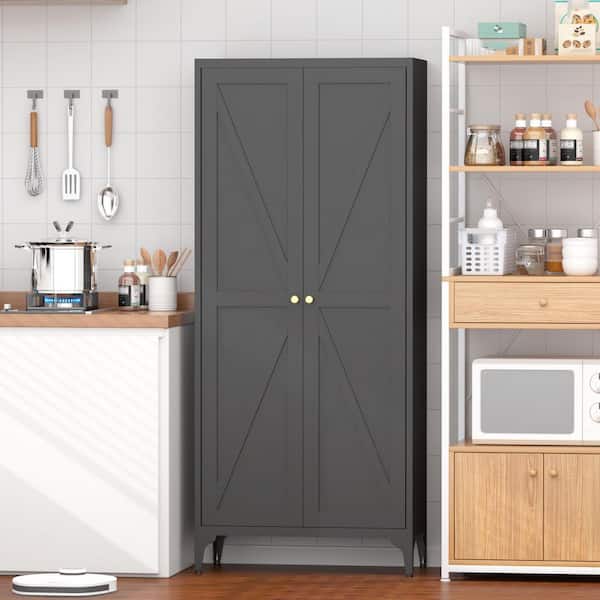 64.9 in. W x 27.6 in. D x 13.8 in. H Black Metal Outdoor Storage Cabinet With Adjustable 2-Doors Shelves Grocery Cabinet