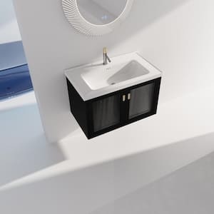 32 in. W Single Sink Wall Mounted Bath Vanity in Black with White Ceramic Top