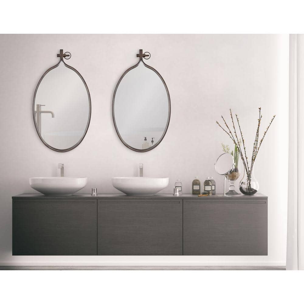 Bronze Oval Industrial Wall Mirror with Gold Accents, 20 x 34