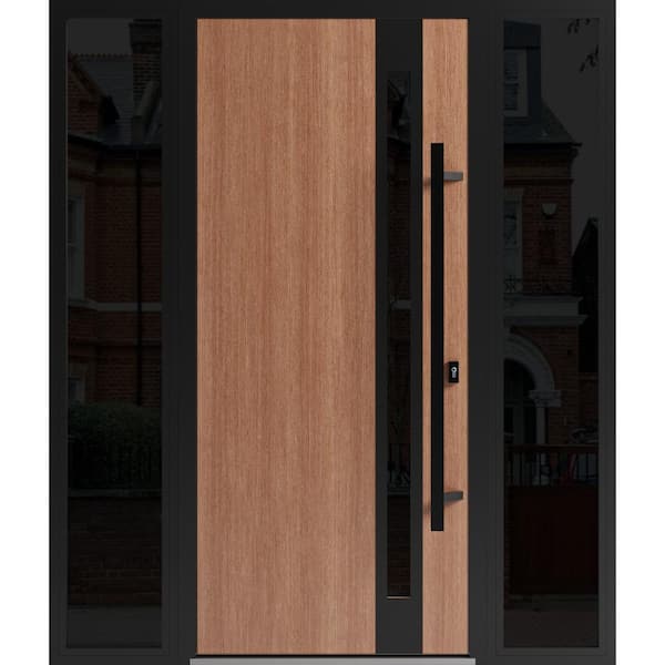 VDOMDOORS 1033 64 in. x 80 in. Left-hand/Inswing 2 Sidelight Tinted Glass Teak Steel Prehung Front Door with Hardware