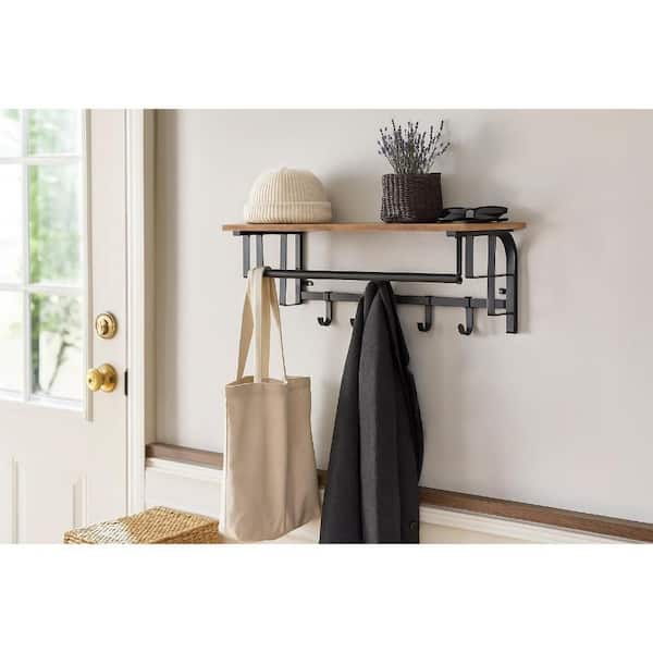 Brown and Black Metal Framed Wall Mounted Coat Rack with One Storage Shelf