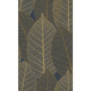 Midnight Blue Botanical Dry Leaves Veins Double Roll Non-Woven Non-Pasted Textured Wallpaper 57 Sq. Ft.