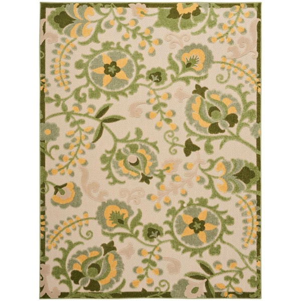 Nourison Aloha Ivory Green 5 ft. x 8 ft. Floral Contemporary Indoor/Outdoor Area Rug