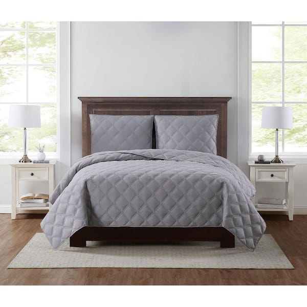 Truly Soft Everyday 3D Puff 3-Piece Quilted Grey King Quilt Set