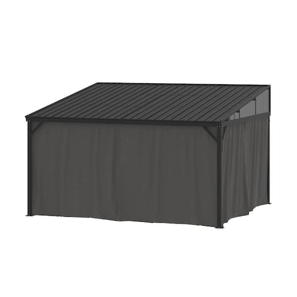 10 ft. x 12 ft. Aluminum Hardtop Wall Mounted Gazebo with Sloping Galvanized Steel Roof, Curtains and Netting