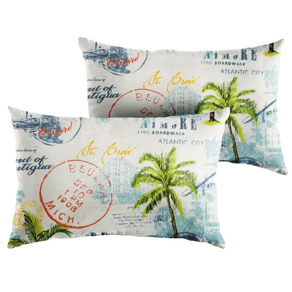 SORRA HOME Blue/White Rectangular Outdoor Knife Edge Lumbar Pillows (2-Pack)