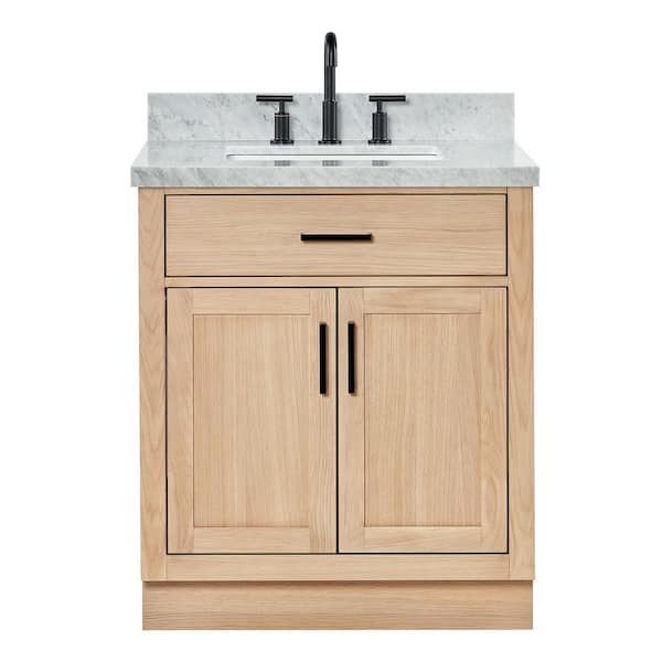 Hepburn 30 in. Single Sink Freestanding Bathroom Vanity in Oak with Carrara White Marble Top