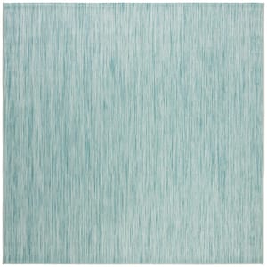 Beach House Aqua 4 ft. x 4 ft. Solid Striped Indoor/Outdoor Patio  Square Area Rug
