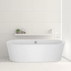 59 in. Acrylic Flatbottom Center Drain Oval Freestanding Soaking Bathtub in White with Polished Chrome Overflow Drain