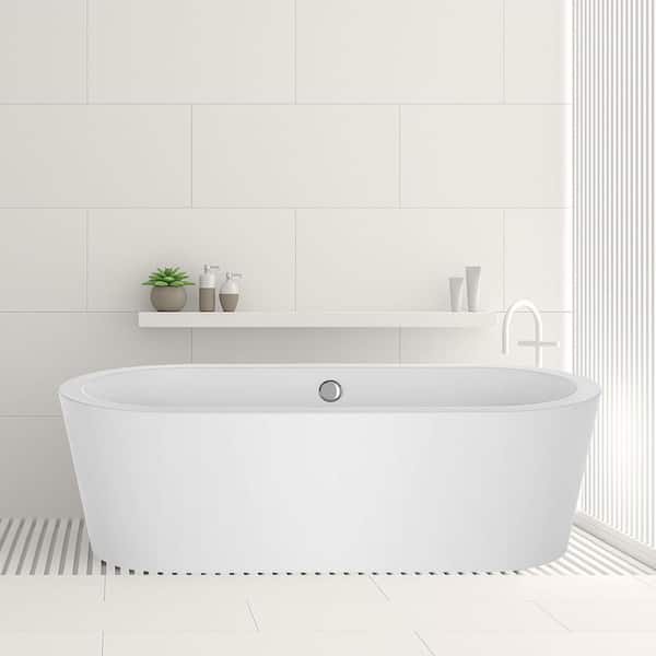59 in. Acrylic Flatbottom Oval Freestanding Soaking Bathtub in White with Polished Chrome Overflow and Drain