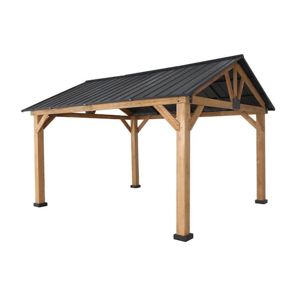 12 ft. x 14 ft. Solid Cedar Wood Outdoor Patio Hardtop Gazebo with Black Galvanized Steel Roof and Ceiling Hook