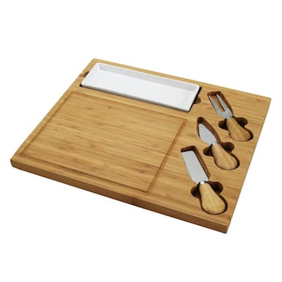 Celtic Bamboo Cheese Board Set with Ceramic Dish and 3 Cheese Tools