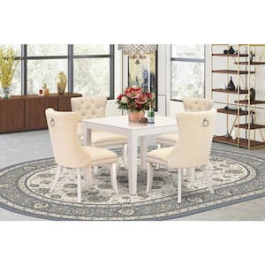 5-Piece Linen White Finish Solid Wood Top - Square Upholstered Dining Room Set - Seats 4