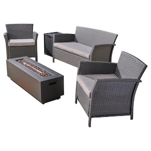 St. Lucia Gray 5-Piece Faux Rattan Patio Fire Pit Conversation Set with Silver Cushions