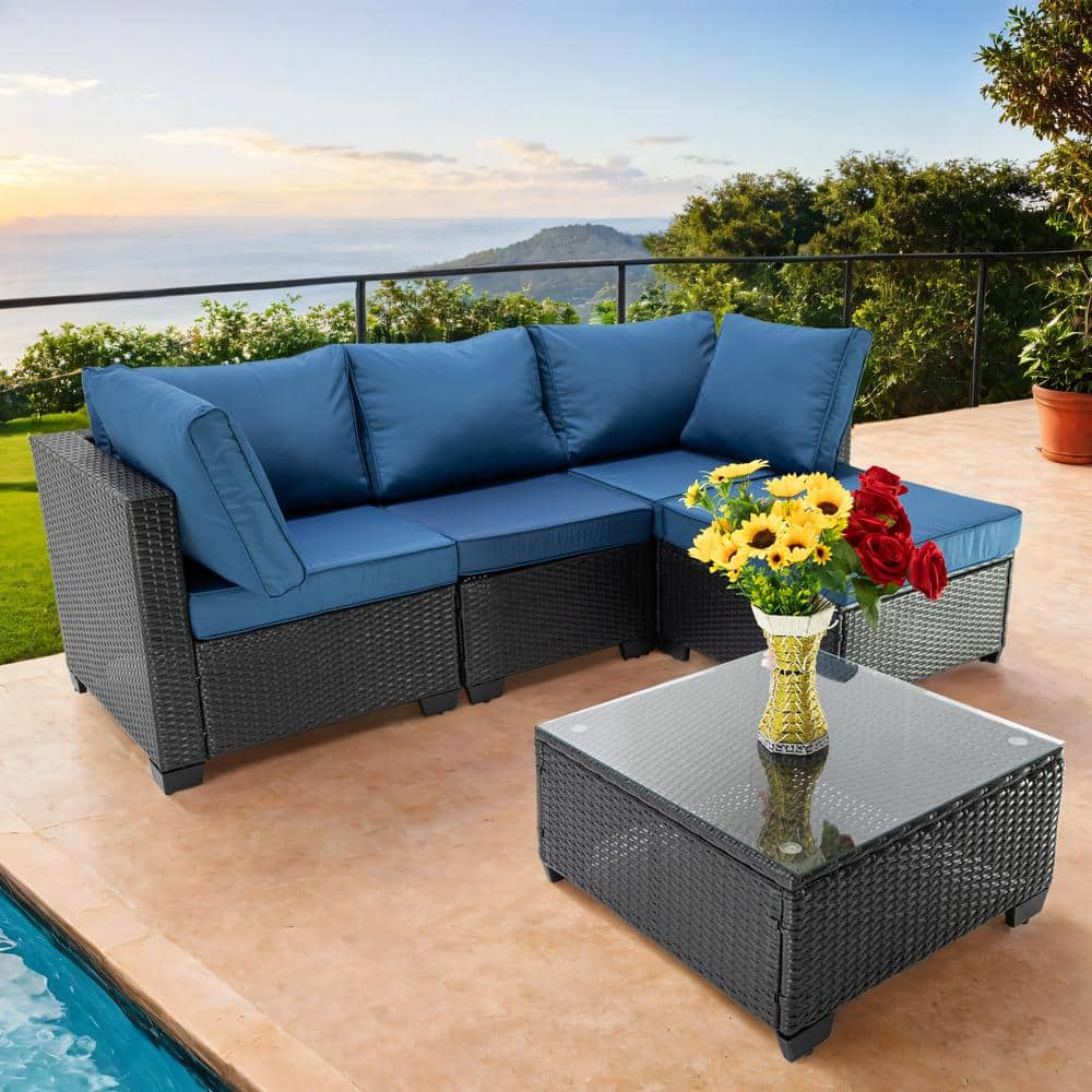 5-Piece Brown Wicker Outdoor Fabric Sofa Sectional Set with Peacock Blue Cu