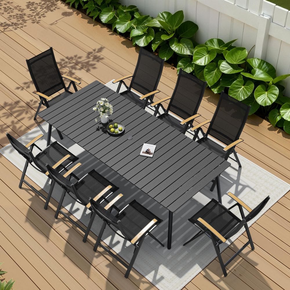 9-Piece Plastic Wood Board Outdoor Patio Dining Set Foldable Chair 8-Level Adjustable Backrest in Black For Deck price history on PriceWatchPro