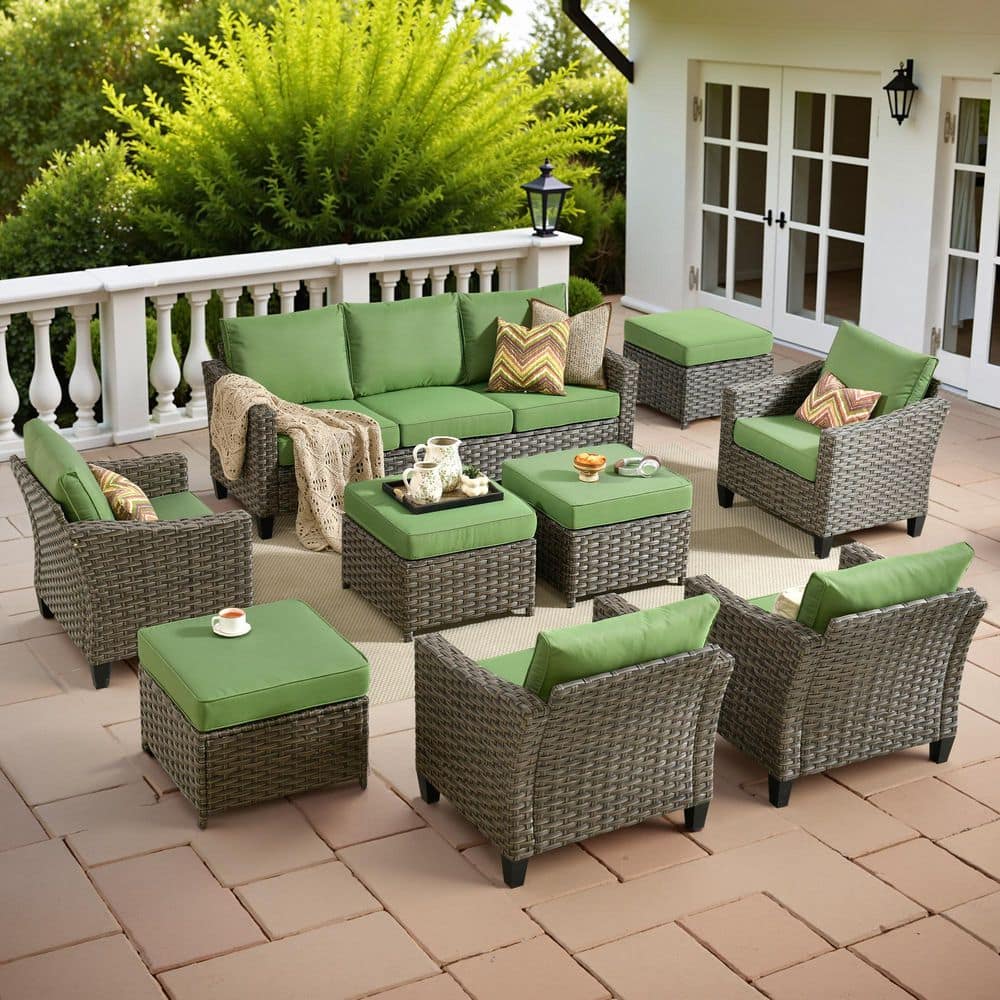 OVIOS Naturno Gray 9-Piece Wicker Patio Conversation Set with Green Cushions