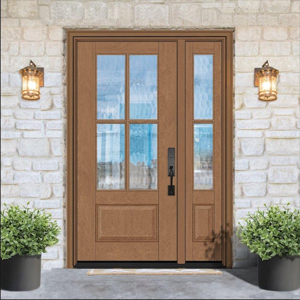 Regency 53 in. x 80 in. 3/4Lite 4SDL Oasis Deco Glass LHIS Prefinish AutumnWht Fiberglass Prehung Front Door w/1_ 14inSL