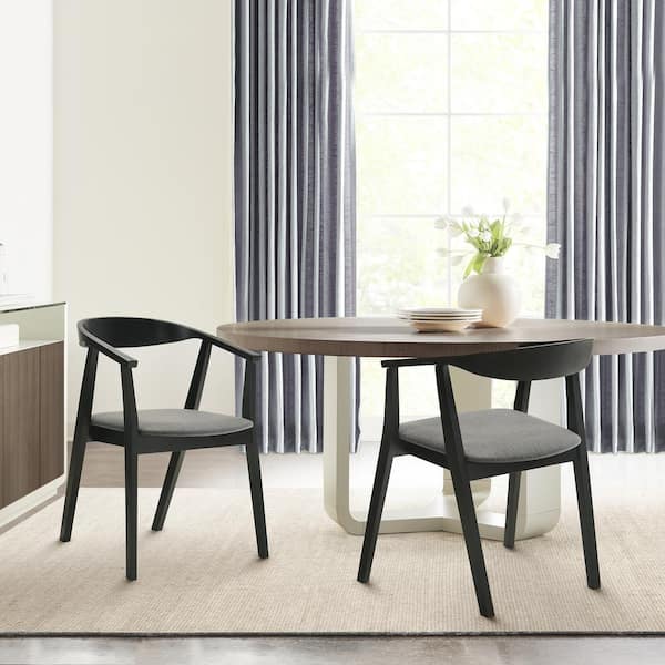 Armen Living Santana Black/Charcoal Fabric Upholstered Wood Dining Chair Set of 2 with Arms and Open Back