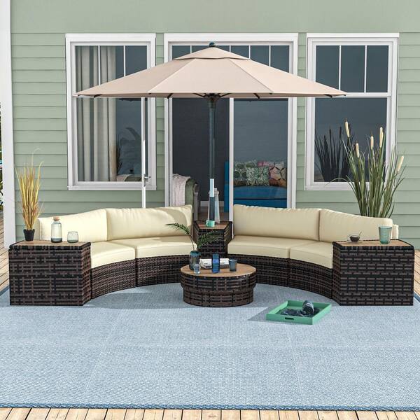 Outsunny 8 Piece Patio Furniture Set with 4 Rattan Sofa Chairs 4 Tables Outdoor Conversation Set with Storage Umbrella Hole Brown