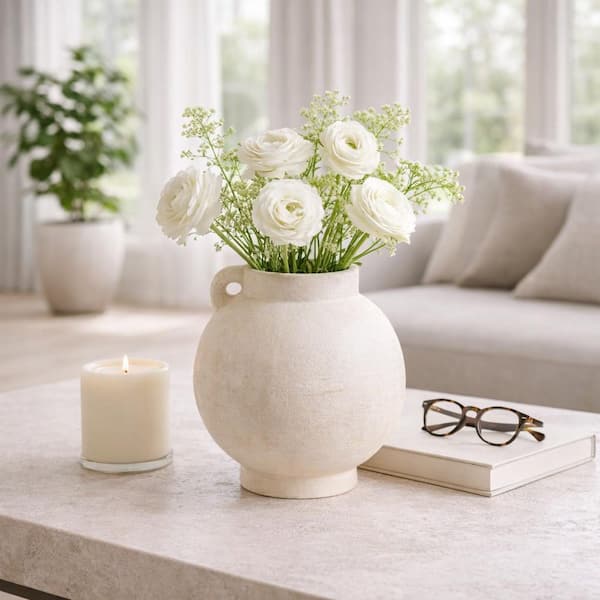 Liv & Skye 12 in. White Pottery Round Decorative Vase 20488-03