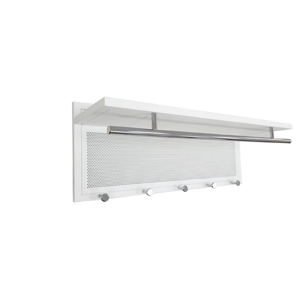 White Metal Wall Mounted Shelf with 5 Hooks