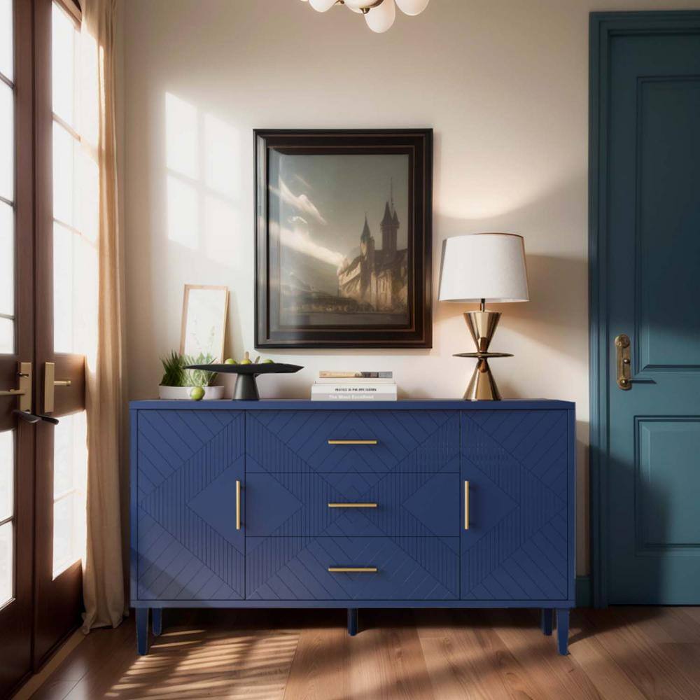 wetiny Navy Blue 32.68 in. 2-Door 3-Drawer Cabinet with Carved Effect 20240521-W757P144374 - The ...